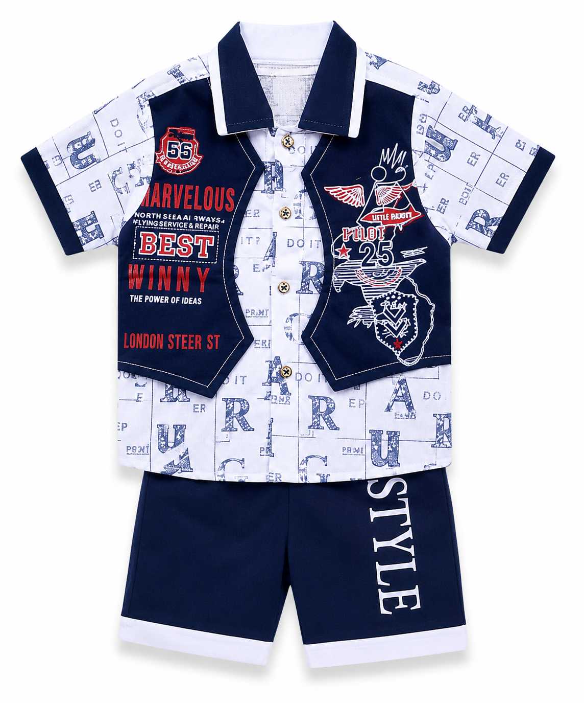 Kids Stylish 3-Piece Summer Outfit Set – Premium Cotton Shirt, Vest & Shorts