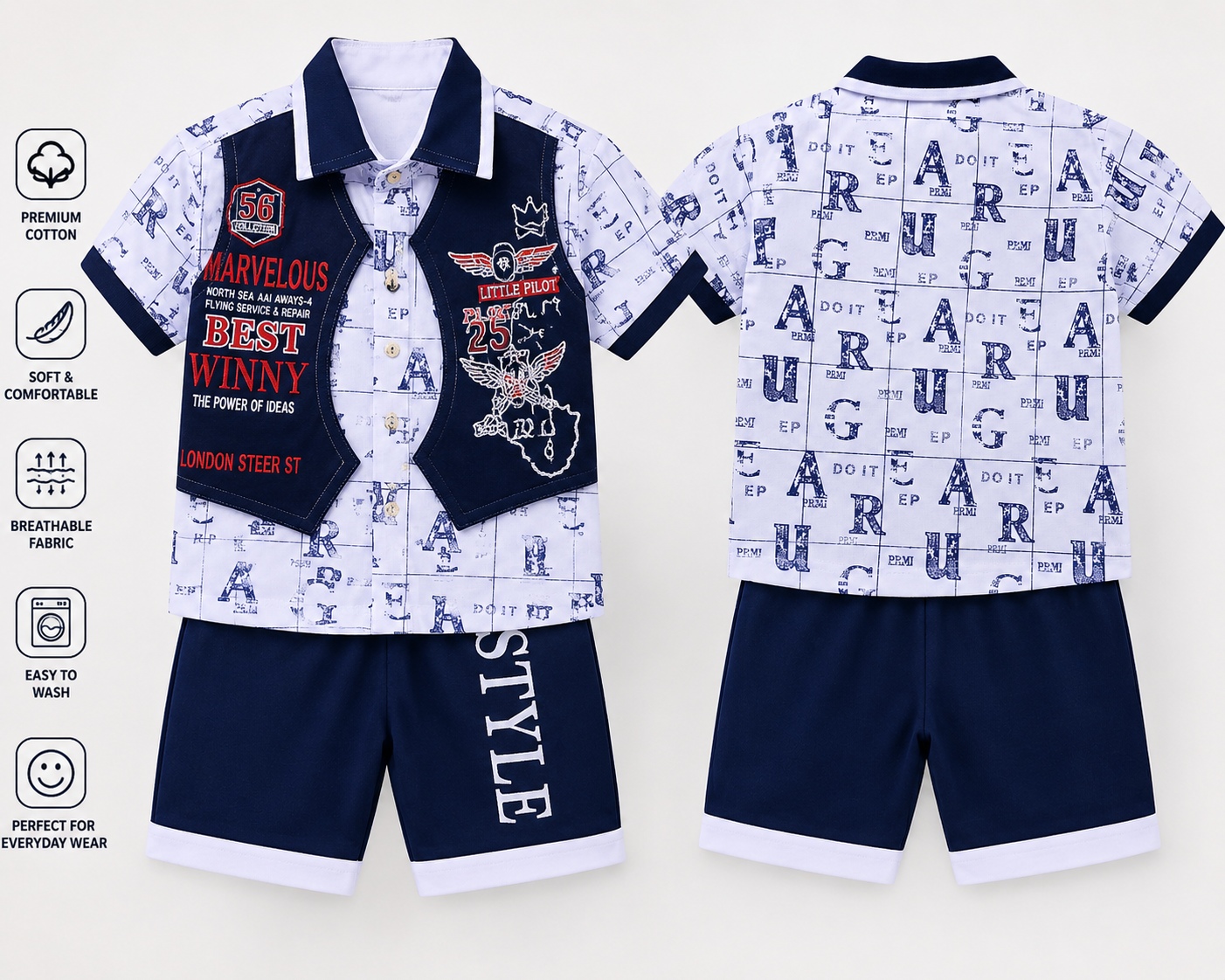 Kids Stylish 3-Piece Summer Outfit Set – Premium Cotton Shirt, Vest & Shorts