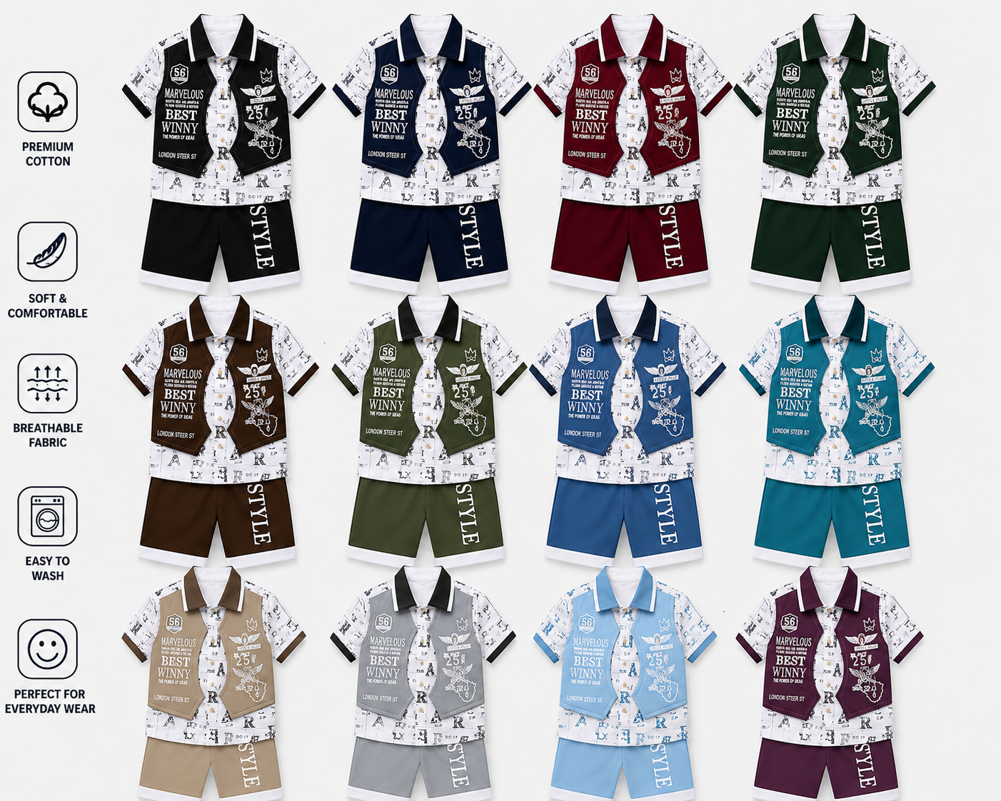 Kids Stylish 3-Piece Summer Outfit Set – Premium Cotton Shirt, Vest & Shorts