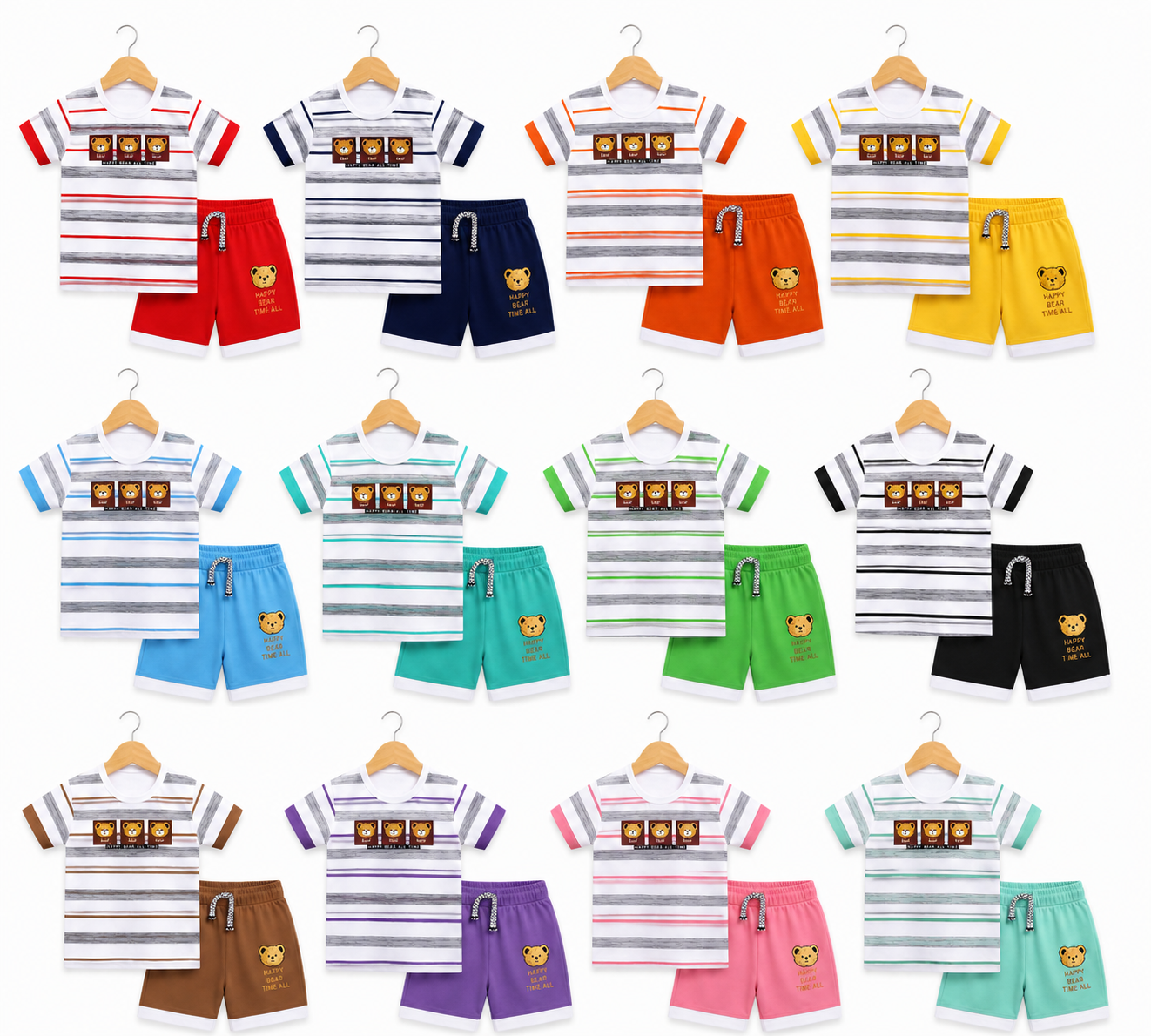 Kids Happy Bear Summer Outfit Set – Soft Cotton Striped T-Shirt & Shorts
